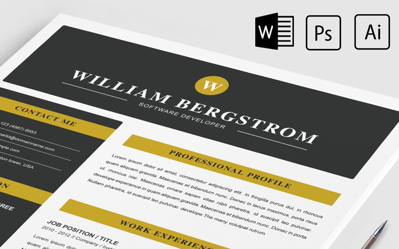 Download Резюме "William bergstrom Resume Template" / William bergstrom Resume Template - Резюме на тему графика 2 page a4 clean cv design elegant resume female feminine infographic letter minimalist modern portfolio professional indesign minimal pages