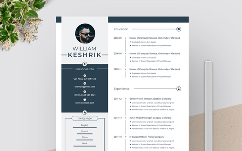 Download Резюме "William Keshrik Resume Template" / William Keshrik Resume Template - Адаптивный Резюме на тему графика resume template cv clean modern a4 doc elegant indesign infographic professional creative design minimal pages portfolio word us letter