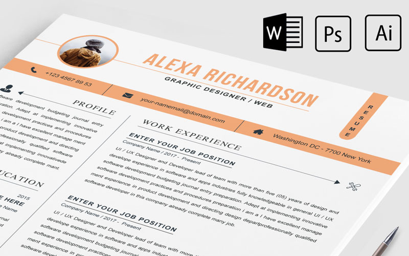 Download Резюме "Alexa Richardson Resume Template" / Alexa Richardson Resume Template - Резюме на тему графика 2 page a4 clean cv design elegant resume female feminine infographic letter minimalist modern portfolio professional indesign minimal pages