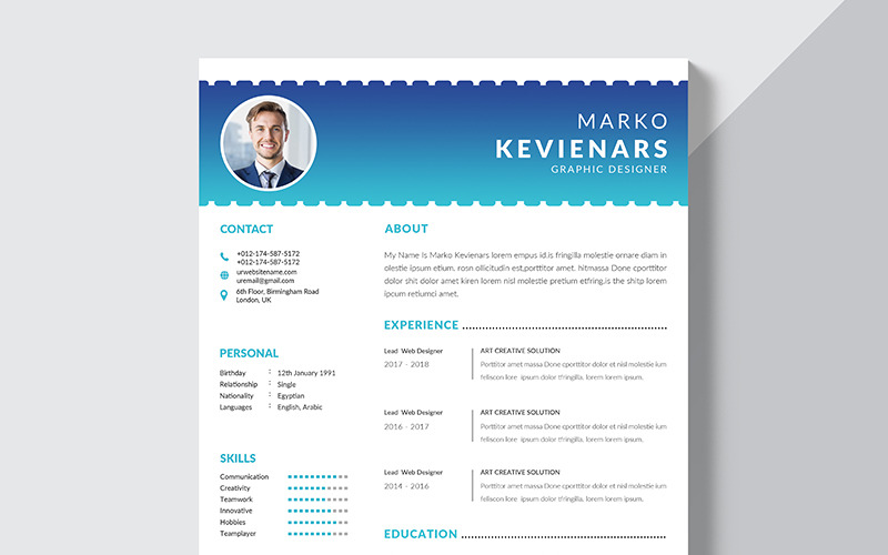 Download Резюме "Marko Kevienars Resume Template" / Marko Kevienars Resume Template - Резюме на тему графика business design resume cv work elegant flat job modern document design print page interview professional curriculum experience profession employment a4