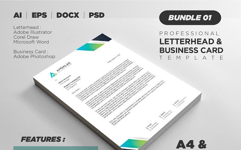 Download Фирменный стиль "Andalas Bundle - Corporate Identity Template" / Andalas Bundle - Corporate Identity Template - Фирменный стиль на тему графика a4 branding business letterhead clean corporate identity docx word template print ready colorful card professional multipurpose simple minimalist elegant creative