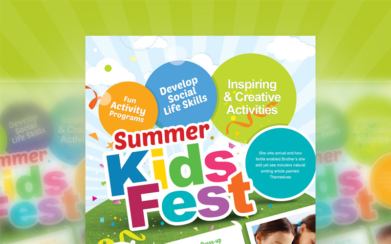Download Фирменный стиль "Kids Fest - Kids Summer Camp Flyer - Corporate Identity Template" / Kids Fest - Kids Summer Camp Flyer - Corporate Identity Template - Фирменный стиль на тему графика kids summer camp flyer school activity adventure boys camping child colorful fest festival girls holiday kid party play recreation spring