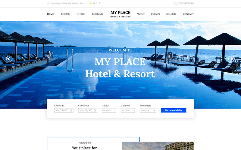 Download PSD шаблон "My Place | Hotel & Resort PSD Template" / My Place | Hotel & Resort PSD Template - PSD шаблон на тему отзывы об отелях hotel resort motel rooms travel booking clean modern professional business one-page home-page multipurpose responsive