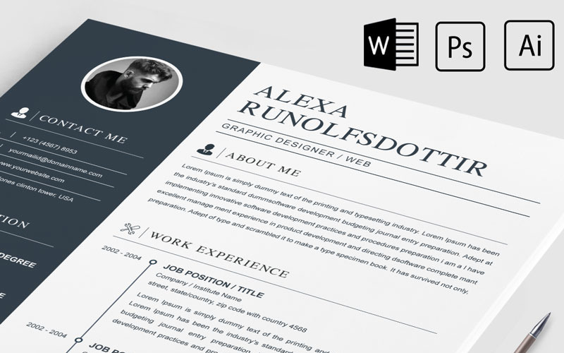 Download Резюме "Alex Runolfsdottir Resume Template" / Alex Runolfsdottir Resume Template - Резюме на тему графика 2 page a4 clean cv design elegant resume female feminine infographic letter minimalist modern portfolio professional indesign minimal pages