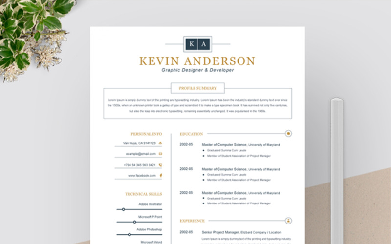 Download Резюме "Kevin Anderson Resume Template" / Kevin Anderson Resume Template - Адаптивный Резюме на тему графика a4 clean resume cv doc elegant template indesign infographic modern professional creative design minimal pages portfolio word us letter