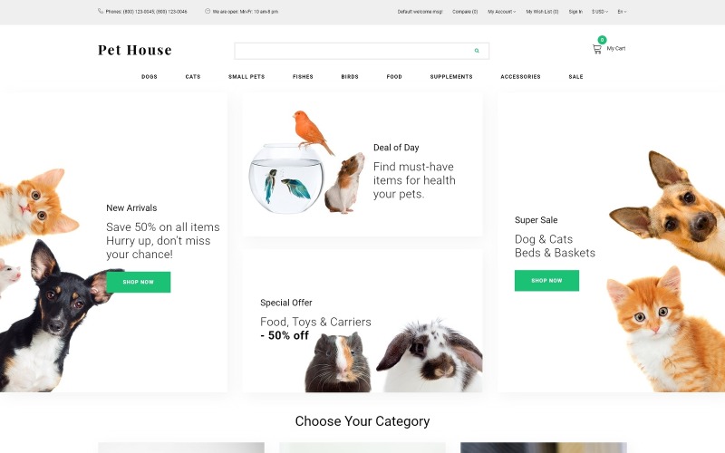 Pet House - зоомагазин для електронних комерцій, сучасний шаблон OpenCart