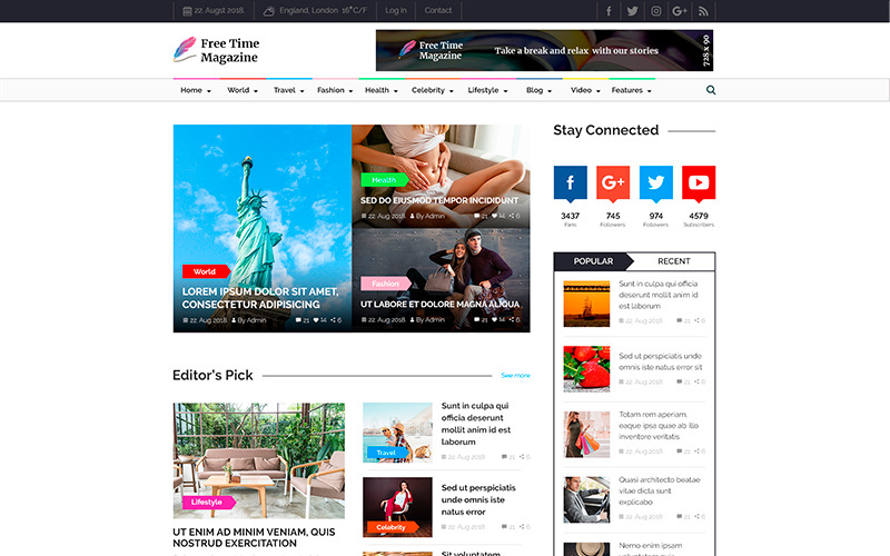 Журнал Free Time | PSD шаблон новостей и журналов