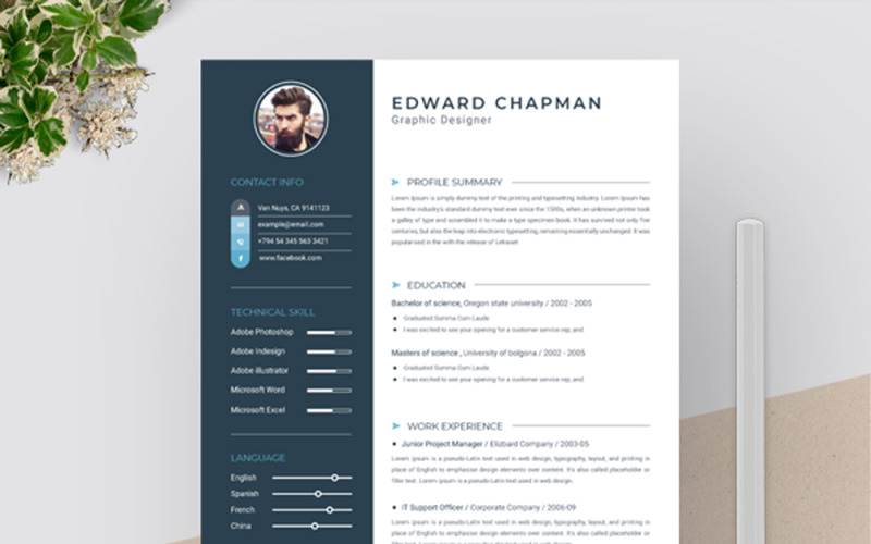 Download Резюме "Chapman Resume Template" / Chapman Resume Template - Адаптивный Резюме на тему графика a4 clean resume cv doc elegant template indesign infographic modern professional creative design minimal pages portfolio word us letter