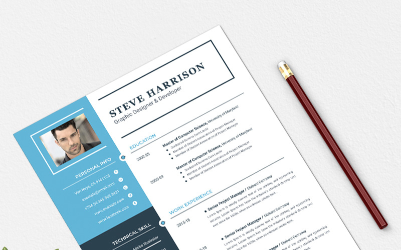 Download Резюме "Steve Harrison Resume Template" / Steve Harrison Resume Template - Адаптивный Резюме на тему графика a4 clean resume cv doc elegant template indesign infographic modern professional creative design minimal pages portfolio word us letter