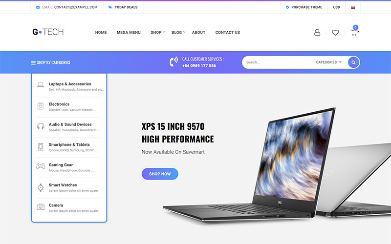 Tema WooCommerce del negozio di elettronica Gtech