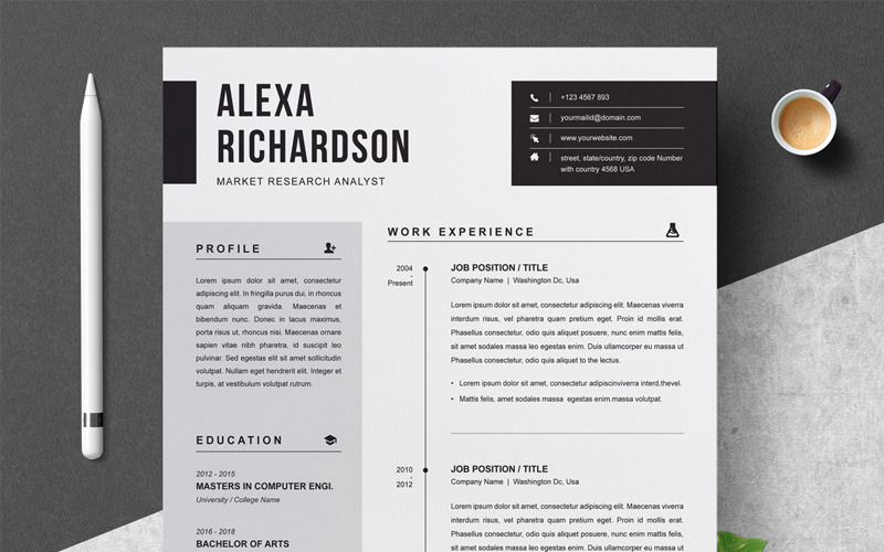 Download Резюме "Alexa Resume Template" / Alexa Resume Template - Резюме на тему графика 1 page resume 2 clean cv cover letter design template illustrator eps mac pages microsoft word modern photoshop psd professional