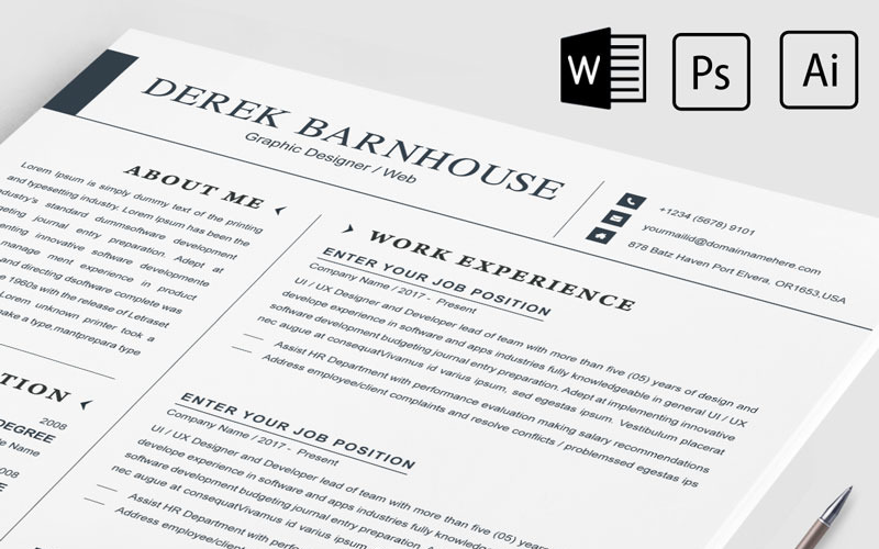 Download Резюме "Derek Barnhouse Resume Template" / Derek Barnhouse Resume Template - Резюме на тему графика 2 page a4 clean cv design elegant resume female feminine infographic letter minimalist modern portfolio professional indesign minimal pages