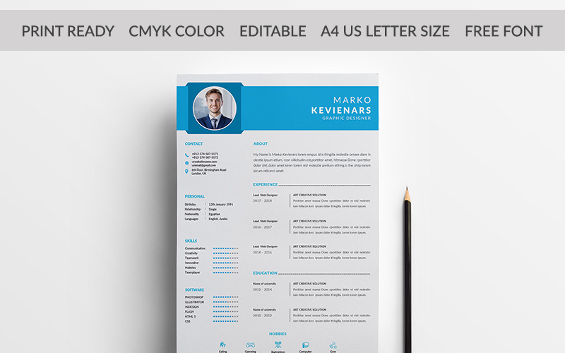 Download Резюме "Marko Kevienars Resume Template" / Marko Kevienars Resume Template - Резюме на тему графика award clean cv resume creative curriculum vitae template design employment hobbies icons indesign job letter minimalist modern corporate creative a4