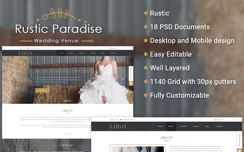 Download PSD шаблон "Rustic Paradise Wedding Venue PSD Template" / Rustic Paradise Wedding Venue PSD Template - PSD шаблон на тему свадебный зал #rustic #country #wedding #venue #psd #template