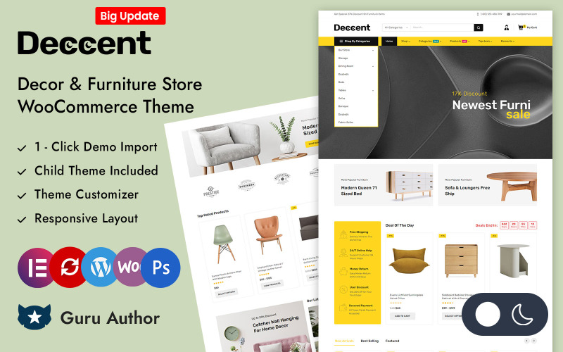 Deccent – Bútor- és lakberendezési üzlet Elementor WooCommerce Responsive Theme