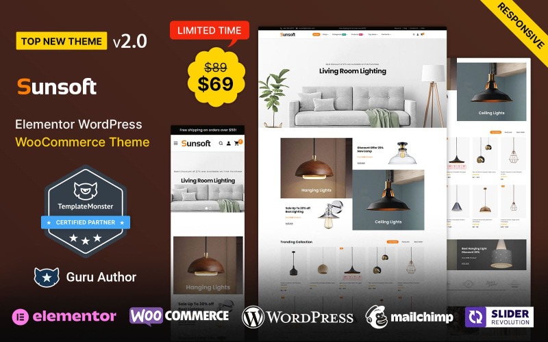 Sunsoft – тема WooCommerce Elementor для освітлення, декору та меблів