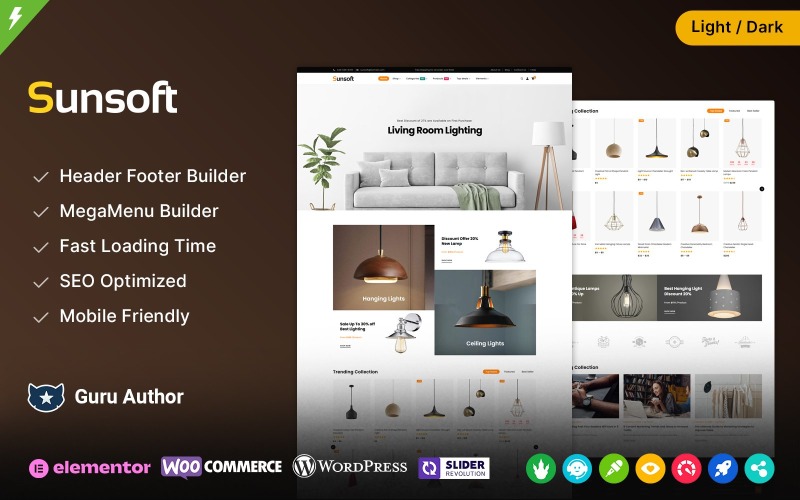 Sunsoft - Thème Elementor WooCommerce pour l'éclairage, la décoration et le mobilier