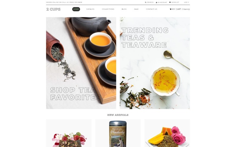 2 чашки - багатосторінкова яскрава тема Shopify для магазину чаю