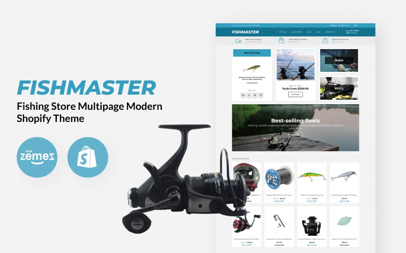 Fishmaster - Tema Shopify moderno multipagina per negozio di pesca