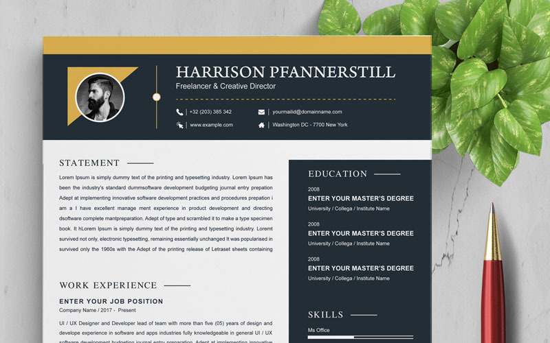 Download Резюме "Herrison Resume Template" / Herrison Resume Template - Резюме на тему графика 2 page a4 clean cv design elegant resume female feminine infographic letter minimalist modern portfolio professional indesign minimal pages
