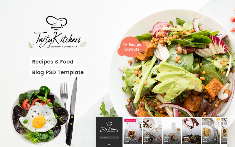 Download PSD шаблон "TastyKitchen - Recipes & Food Blog PSD Template" / TastyKitchen - Recipes & Food Blog PSD Template - Адаптивный PSD шаблон на тему еда и ресторан blog breakfast chef cooking delicious dinner food green health hotel lunch meal modern recipe restaurant kitchen