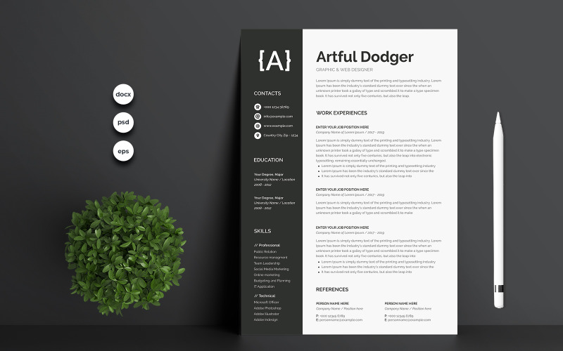 Download Резюме "Artful Dodger Resume Template" / Artful Dodger Resume Template - Резюме на тему графика 1,page,resume,2,3,clean,cover,letter,creative,cv,template,design,document,microsoft,word,minimalist,modern,photoshop,psd,professional