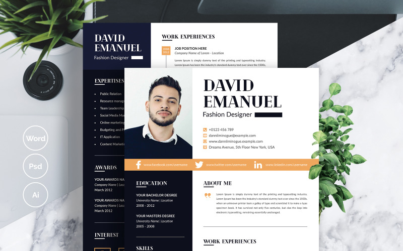 Download Резюме "David  Emanuel Resume Template" / David  Emanuel Resume Template - Резюме на тему графика 1 page resume 2 3 clean cover letter creative cv template design document microsoft word minimalist modern photoshop psd professional