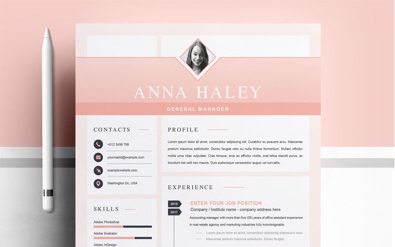 Download Резюме "Anna Resume Template" / Anna Resume Template - Резюме на тему графика 1 page resume 2 clean cv cover letter design template illustrator eps mac pages microsoft word modern photoshop psd professional