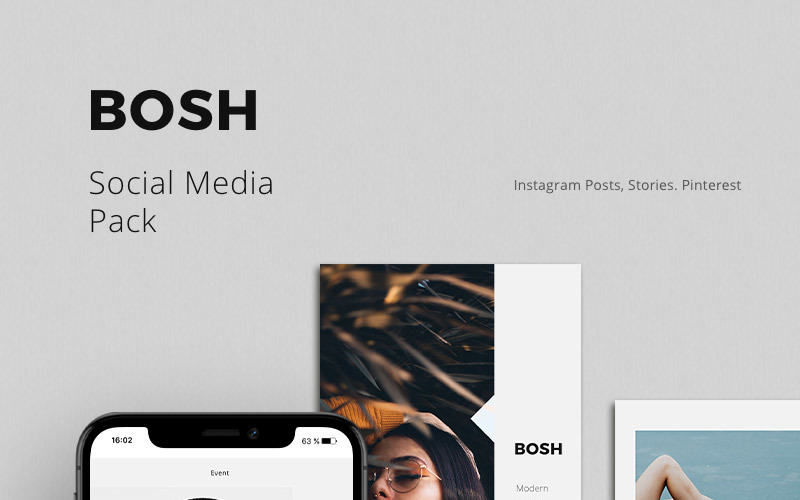Download Шаблон для соцсетей "BOSH - Pack Social Media Template" / BOSH - Pack Social Media Template - Шаблон для соцсетей на тему графика social media pack bundle kit photoshop stylish promotion advertising sale product fashion studio template pinterest instagram stories posts minimalistic blogger