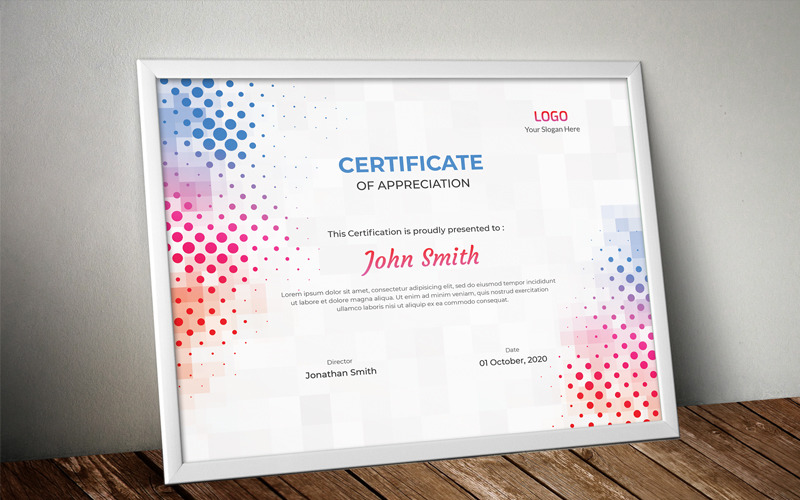 Download Шаблон сертификата "Colored Certificate Template" / Colored Certificate Template - Шаблон сертификата на тему графика certificate,template,achievement,appreciation,border,frame,background,colored,print,psd,colorful,dots,circles,halftone,mosaic,pixels,pattern,squares