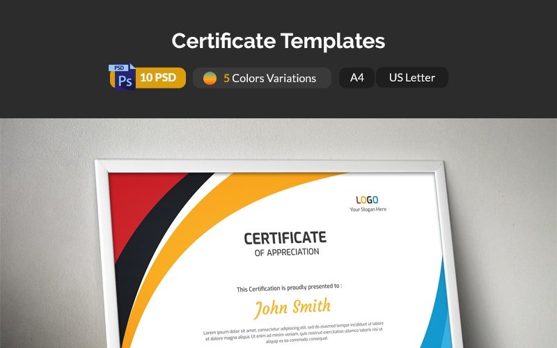 Download Шаблон сертификата "Colored Waves Certificate Template" / Colored Waves Certificate Template - Шаблон сертификата на тему графика certificate,certification,appreciate,appreciation,colored,waves,psd,border,banner,background,achievement,template,print