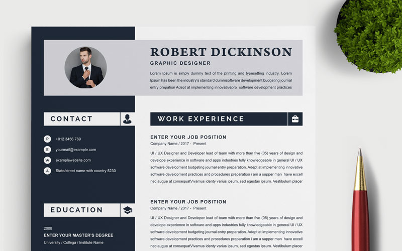Download Резюме "Dickinson Resume Template" / Dickinson Resume Template - Резюме на тему графика 2 page a4 clean cv design elegant resume female feminine infographic letter minimalist modern portfolio professional indesign minimal pages