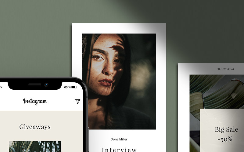 Download Шаблон для соцсетей "LORA -  Pack Social Media Template" / LORA -  Pack Social Media Template - Шаблон для соцсетей на тему графика social media pack bundle kit design feminine fashion promotion advertising marketing photoshop pinterest instagram post stories template creative neutral sale
