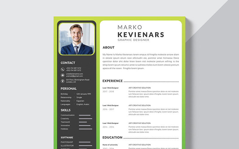 Download Резюме "Marko Kevienars Resume Template" / Marko Kevienars Resume Template - Резюме на тему графика resume business template cv work template job document print curriculum vitae interview professional experience employment ready employer paperwork mockup bundle