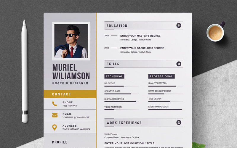 Download Резюме "Muriel Resume Template" / Muriel Resume Template - Резюме на тему графика professional resume cv template design word clean modern 2 page cover letter apple pages psd minimal microsoft mac photoshop illustrator