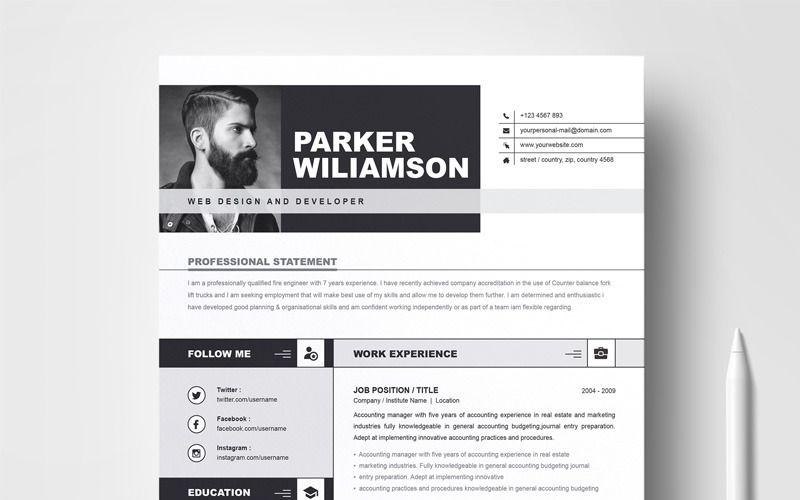 Download Резюме "Parker Resume Template" / Parker Resume Template - Резюме на тему графика resume template cv design psd photoshop word vintage docx templates indesign ms clean professional hipster elegant curriculum vitae cover letter
