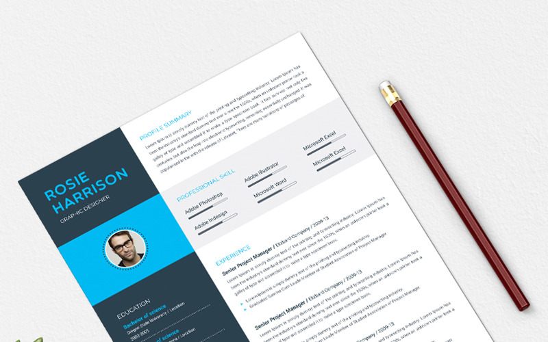 Download Резюме "Rosie Resume Template" / Rosie Resume Template - Адаптивный Резюме на тему графика resume template cv clean modern a4 doc elegant indesign infographic professional creative design minimal pages portfolio word us letter