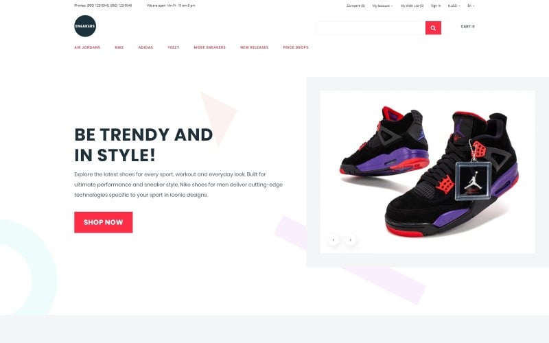 Кроссовки - шаблон OpenCart для электронной коммерции обувного магазина