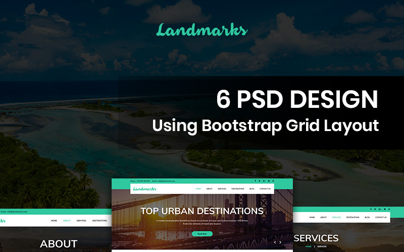 Download PSD шаблон "Landmarks - Travel PSD Template" / Landmarks - Travel PSD Template - PSD шаблон на тему путешествия travel tourism camping hiking adventure agency