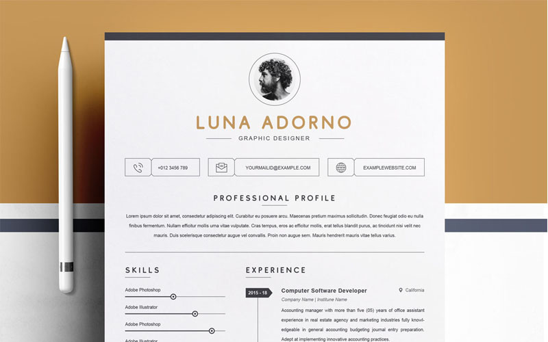 Download Резюме "Luna Adorno Resume Template" / Luna Adorno Resume Template - Резюме на тему графика 1 page resume 2 clean cv cover letter design template illustrator eps mac pages microsoft word modern photoshop psd professional