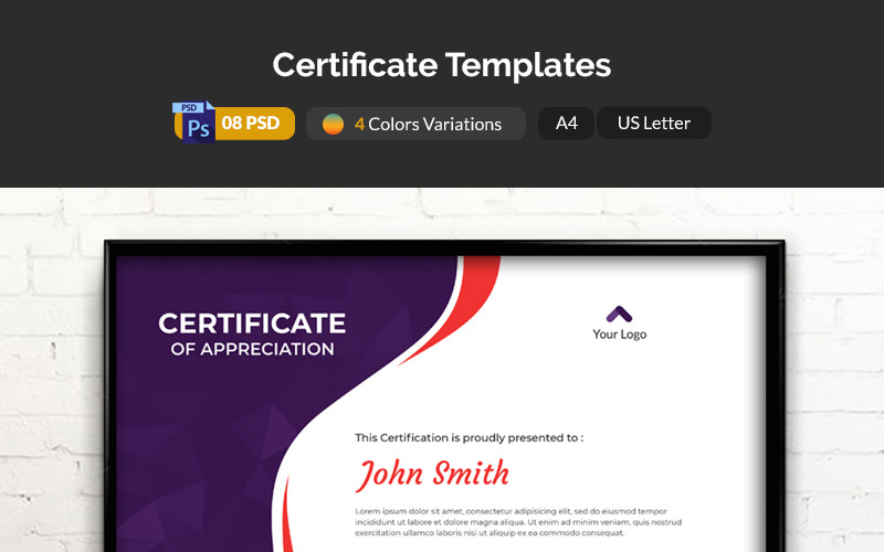 Download Шаблон сертификата "Waves Certificate Template" / Waves Certificate Template - Шаблон сертификата на тему графика certificate,certification,template,psd,print,appreciation,achievement,waves,flyer,brochure,polygon,pattern,background,geometric