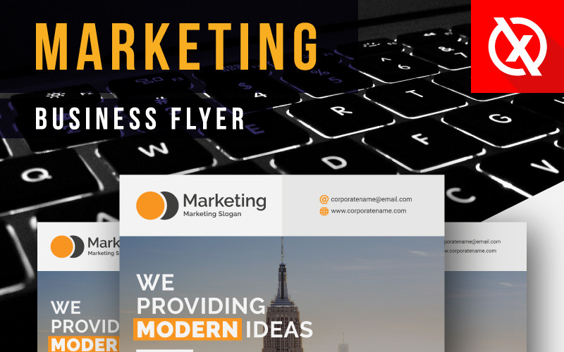 Design del volantino aziendale di marketing con linee nere e arancioni