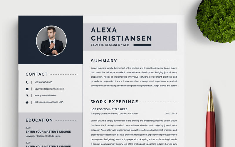 Download Резюме "Christiansen Resume Template" / Christiansen Resume Template - Резюме на тему графика 2 page a4 clean cv design elegant resume female feminine infographic letter minimalist modern portfolio professional indesign minimal pages