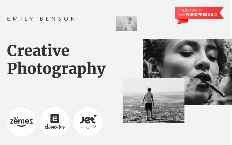 Emily Benson - Photographie Thème WordPress Elementor d'une page en noir et blanc