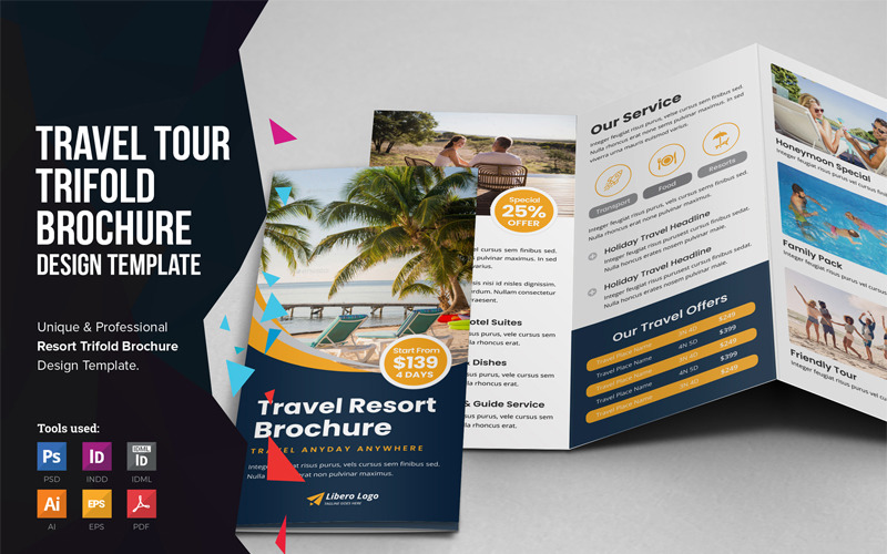 Download Фирменный стиль "Megha - Travel Trifold Brochure - Corporate Identity Template" / Megha - Travel Trifold Brochure - Corporate Identity Template - Фирменный стиль на тему графика travel resort brochure flyer leaflet trifold holiday tour agency vacation trip tourism a4 mockup package lounge villa spa massage hotel