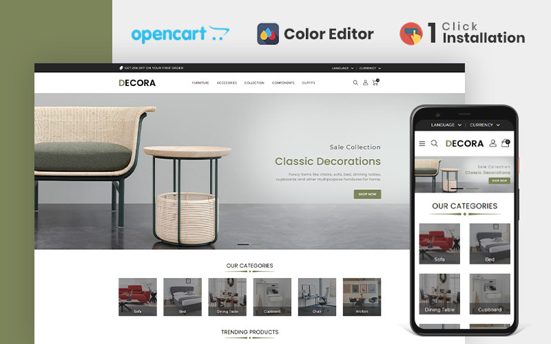 Modello OpenCart del negozio di mobili Decora
