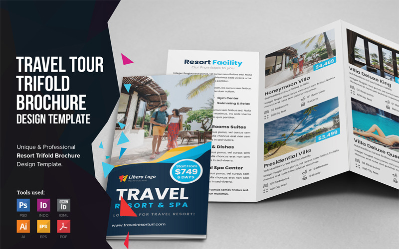 Download Фирменный стиль "TourX - Travel Trifold Brochure - Corporate Identity Template" / TourX - Travel Trifold Brochure - Corporate Identity Template - Фирменный стиль на тему графика travel resort brochure flyer leaflet trifold holiday tour agency vacation trip tourism a4 mockup package lounge villa spa massage hotel