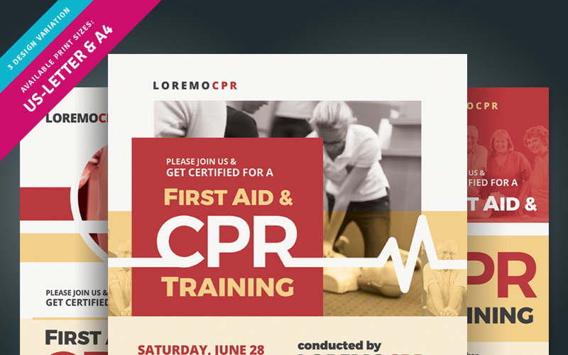 Download Фирменный стиль "First Aid & CPR Training Flyer - Corporate Identity Template" / First Aid & CPR Training Flyer - Corporate Identity Template - Фирменный стиль на тему графика ad ads aed aha certification class course cpr first aid flyer heart leaflet lifesaving red cross safety session training magazine