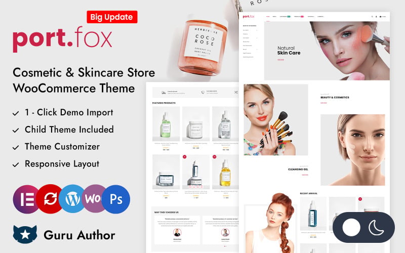 Portfox - Tema reattivo Elementor WooCommerce per negozio di cosmetici e cura della pelle
