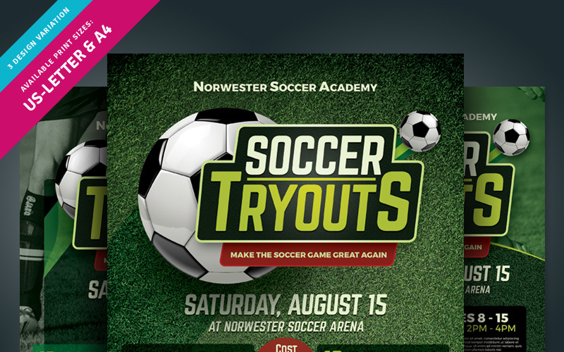 Download Фирменный стиль "Soccer Tryouts Flyer - Corporate Identity Template" / Soccer Tryouts Flyer - Corporate Identity Template - Фирменный стиль на тему графика academy ad ads ball camp clinic club coaching field flyer football game kids magazine soccer summer sport team training tryout